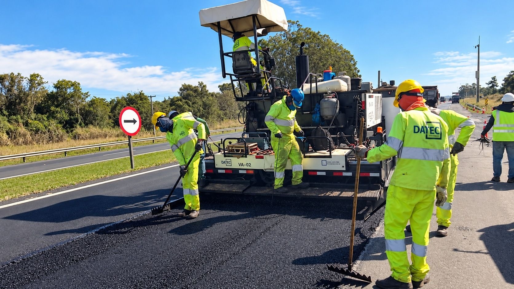 Trabalhadores com uniforme amarelo espalham asfalto atrás de uma vibroacabadora em uma rodovia