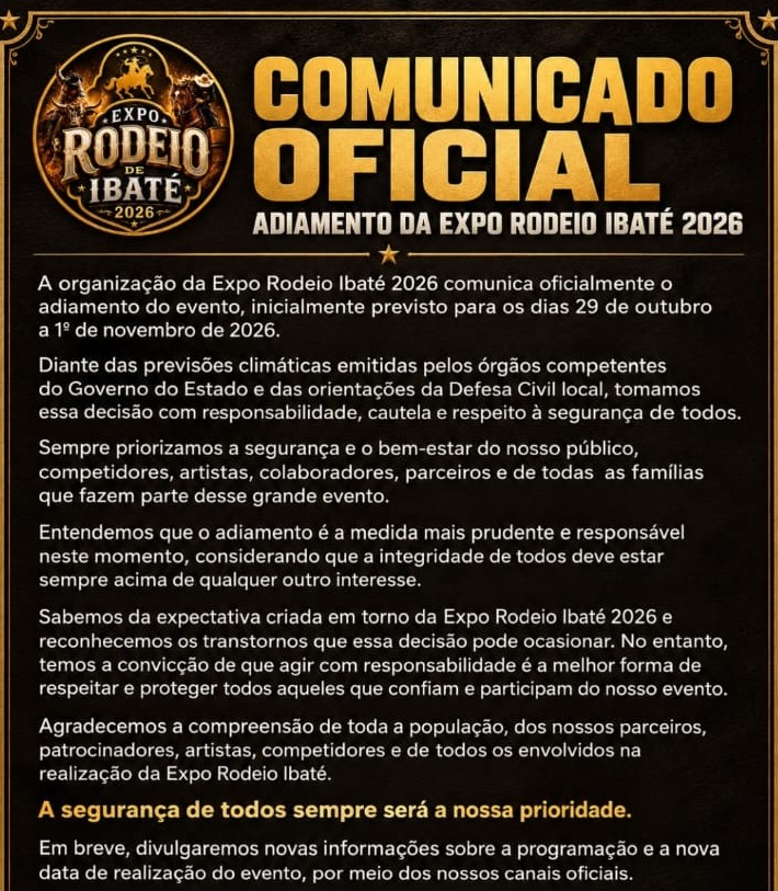 Cartaz em preto e dourado com o logotipo da Expo Rodeio de Ibaté e o texto do comunicado oficial de adiamento