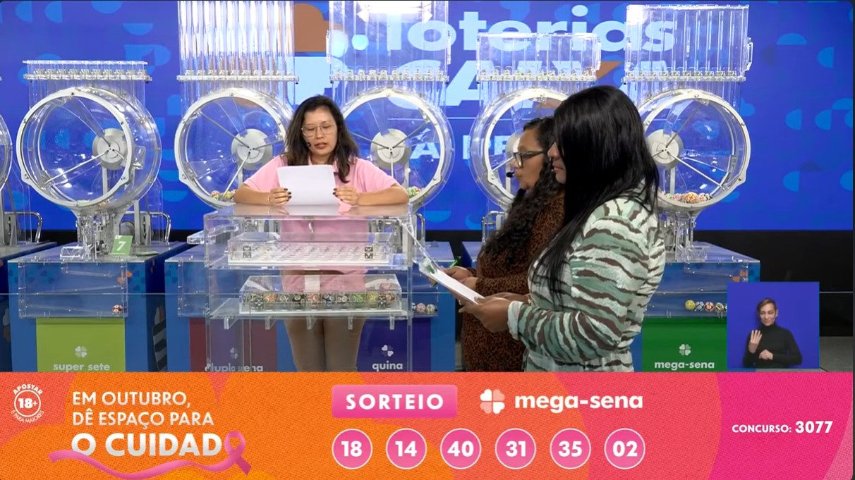 Apresentadoras no palco do sorteio das Loterias Caixa, com globos transparentes ao fundo e as seis dezenas da Mega-Sena na tarja da transmissão