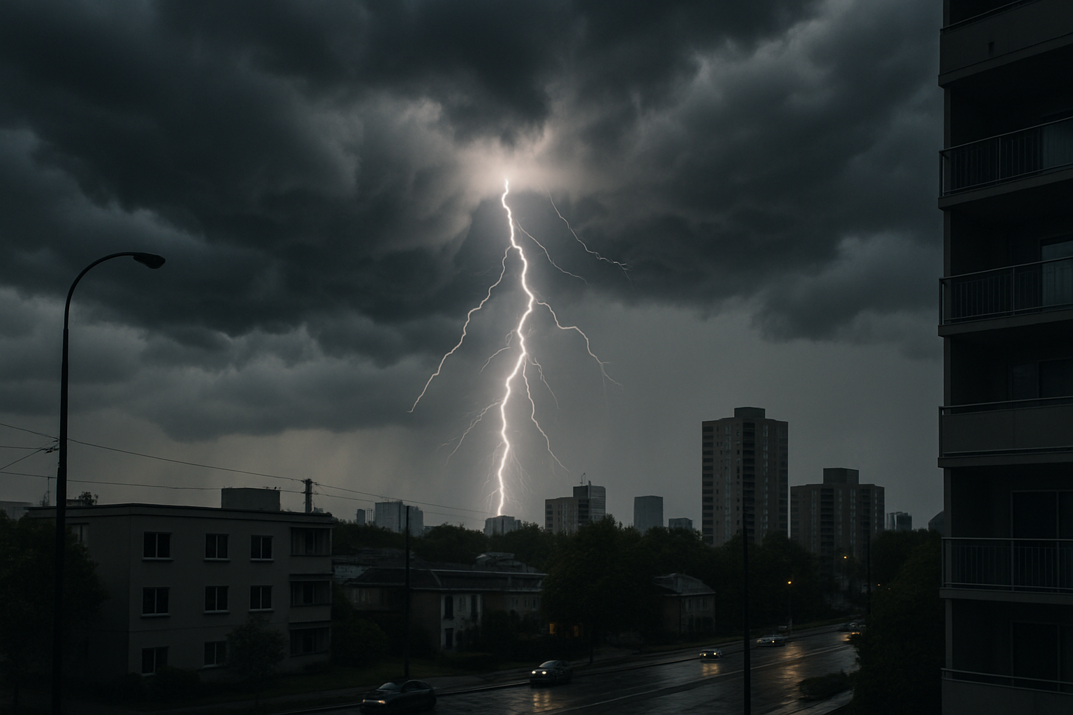 Céu carregado sobre rua de Araraquara com nuvens escuras e pancadas de chuva no fim de tarde