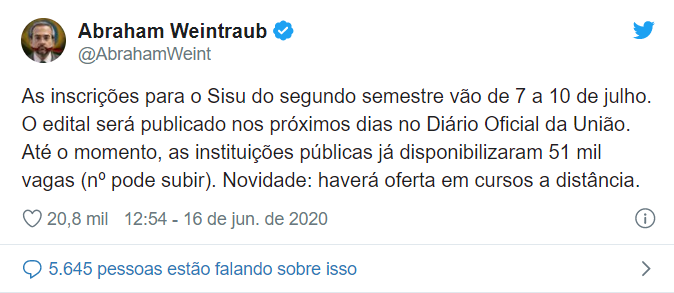 Inscrição para o Sisu é adiada e vai de 7 a 10 de julho