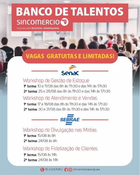 Banco de Talentos do Sincomercio está com inscrições abertas para workshops