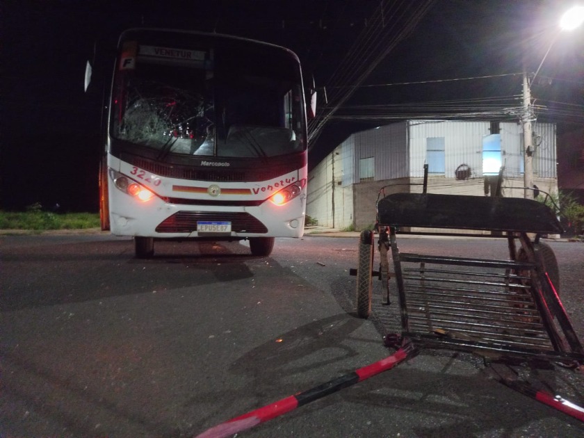 Acidente entre carroça e ônibus fere 4 pessoas e mata cavalo no Distrito Industrial