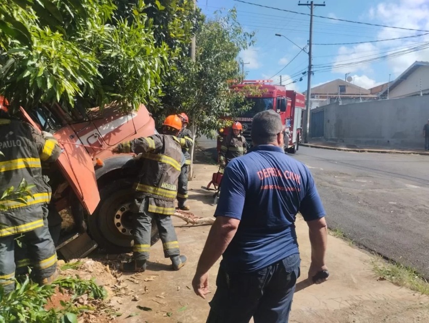 Caminhão desgovernado cai em ribanceira e motorista fica preso nas ferragens em Américo