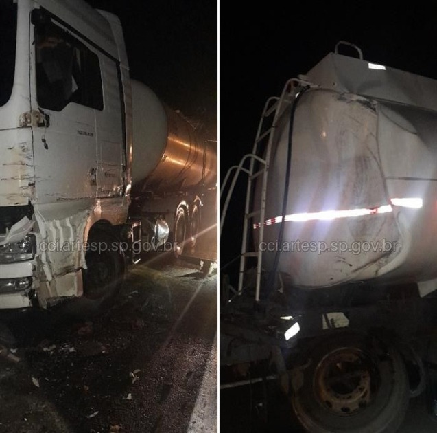 Engavetamento entre três caminhões causa vazamento de óleo e bloqueia a SP-310 em Araraquara