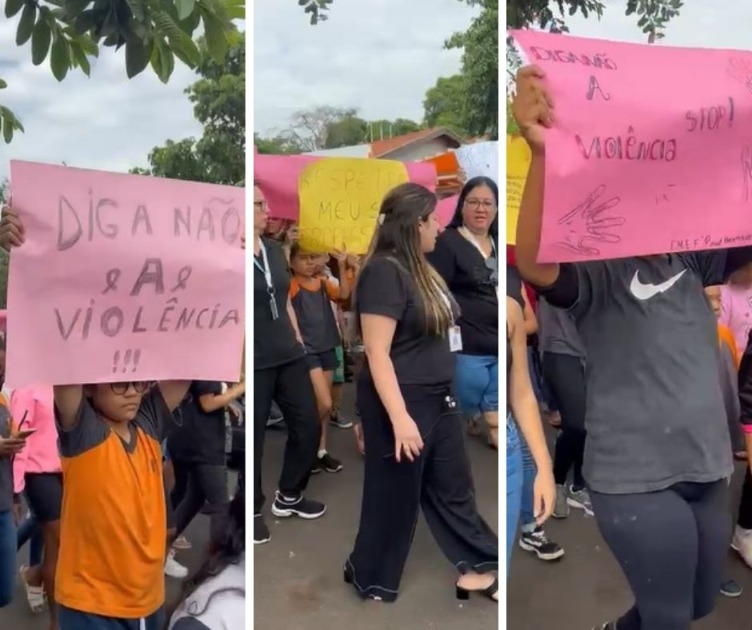 Com cartazes e mensagens de paz, alunos da Escola Henrique Scabello realizam manifestação contra a violência