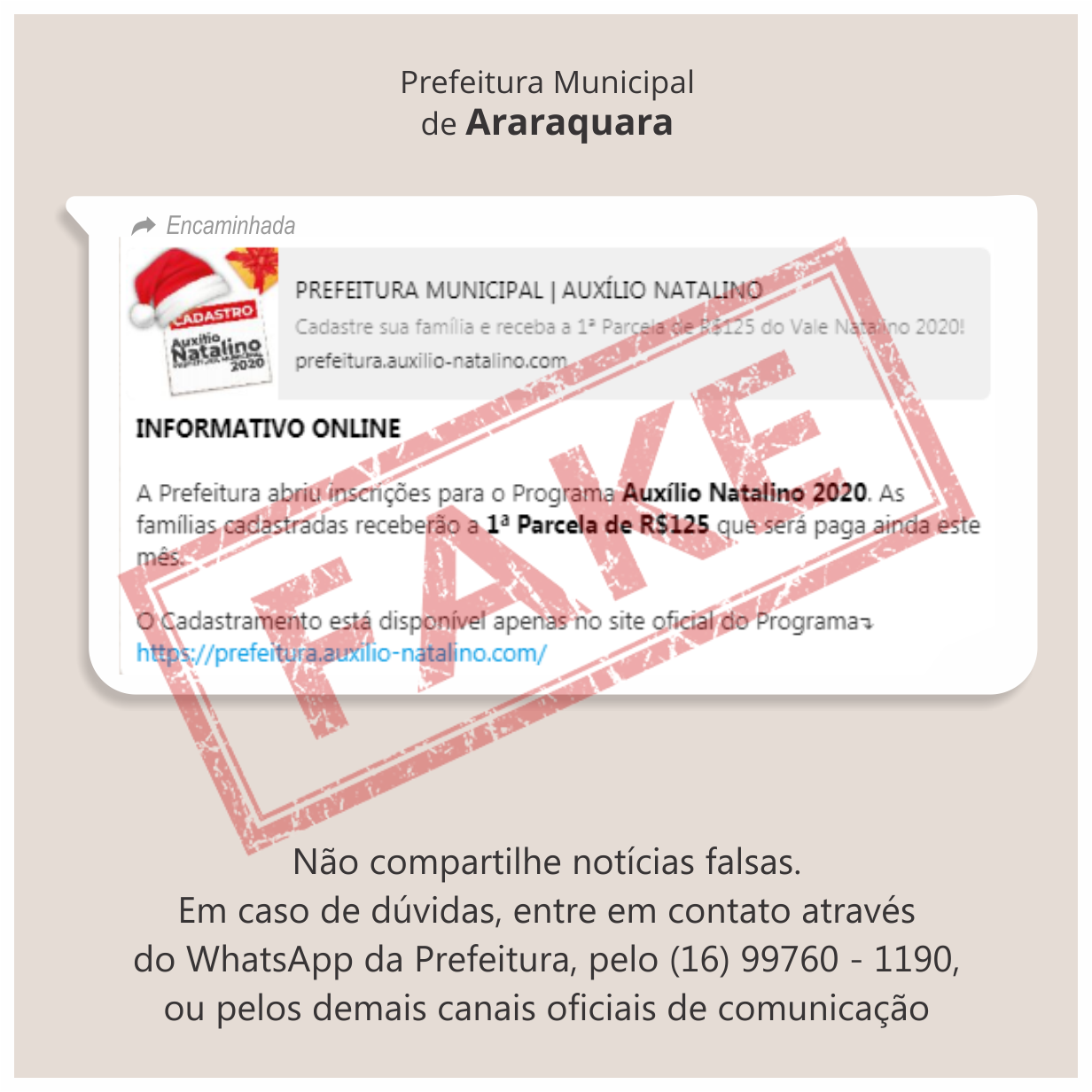 Fake news: não existe cadastro para Auxílio Natalino, diz Prefeitura de Araraquara