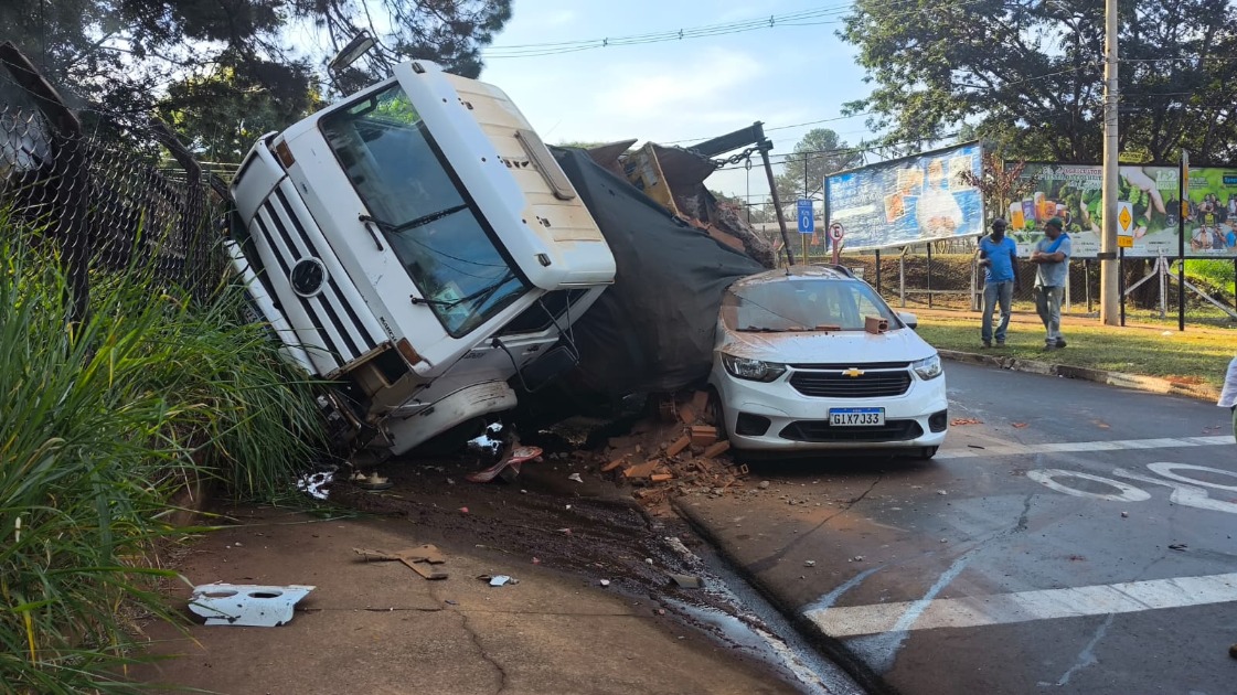 Caminhão tomba em cima de carro da Prefeitura, derruba poste e provoca incêndio em mata no Jardim Botânico