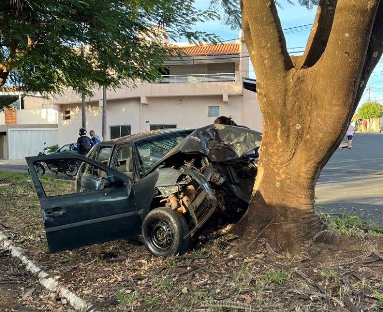 Motorista morre e mulher fica ferida após carro bater na árvore em avenida de Matão