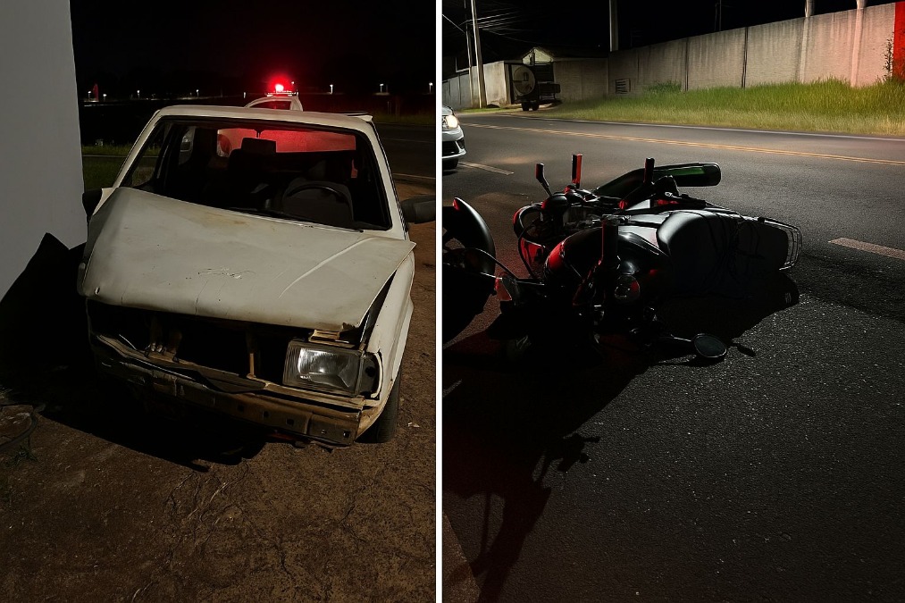 Colisão traseira entre carro e moto deixa casal e motorista gravemente feridos na Chácara Flora