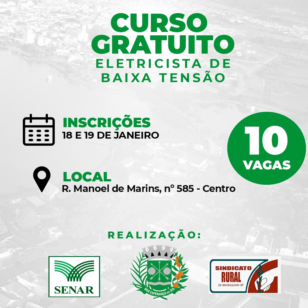 Prefeitura de Boa Esperança oferece 10 vagas para curso de eletricista