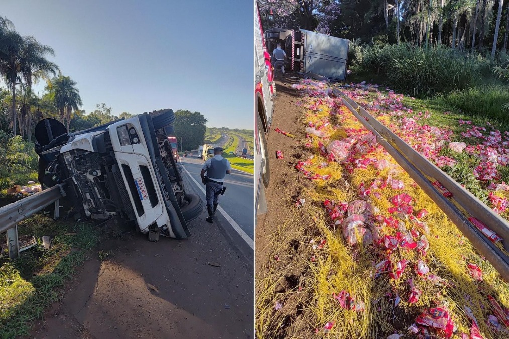 VÍDEO: Tombamento de caminhão carregado com macarrão deixa motorista ferido na SP-310 em Araraquara