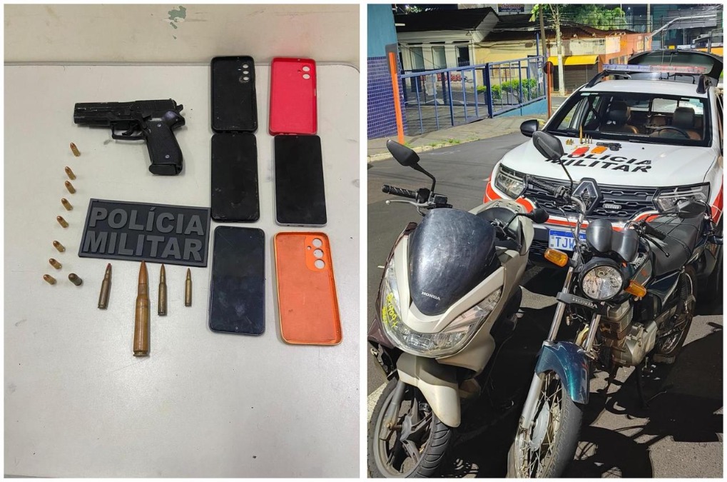 PM prende trio com moto roubada, apreende munições e simulacro de arma de fogo no Jardim Brasil