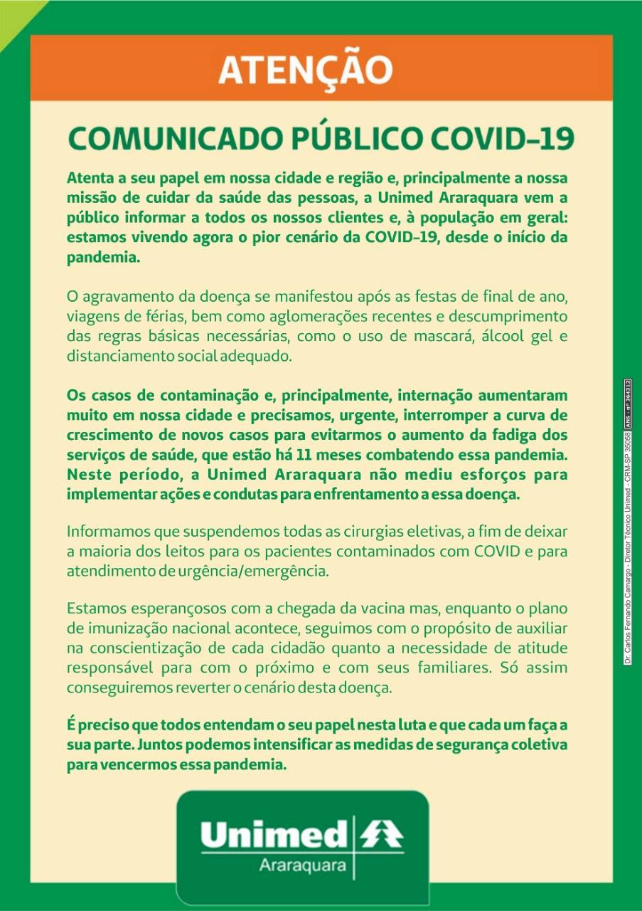 Unimed de Araraquara faz comunicado sobre situação da Covid "estamos vivendo agora o pior cenário"