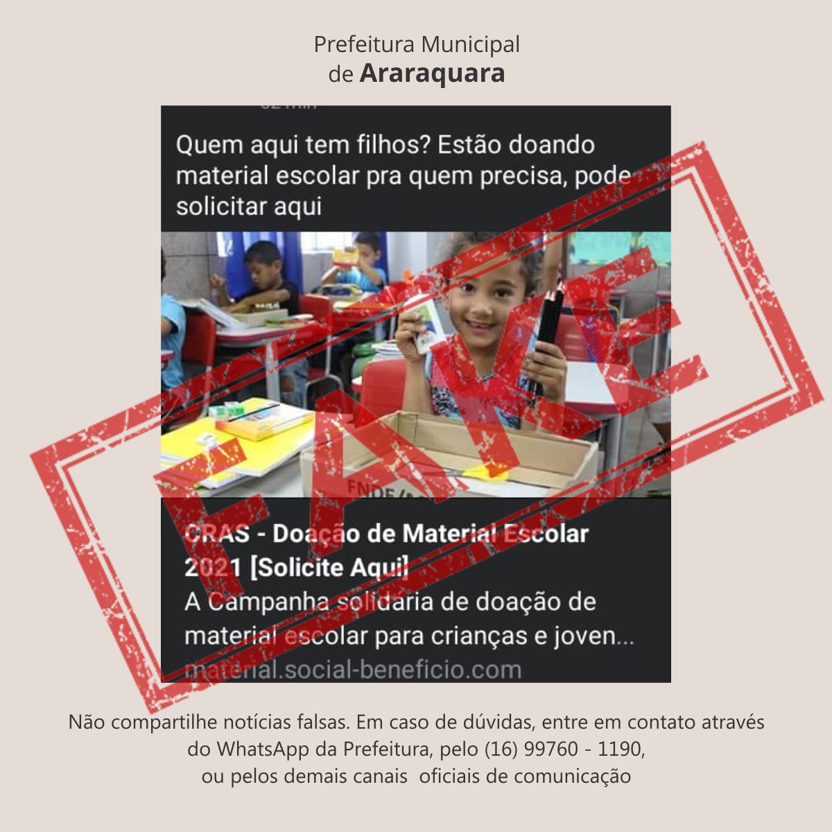 Assistência Social desmente fake news sobre doação de material escolar nos CRAS