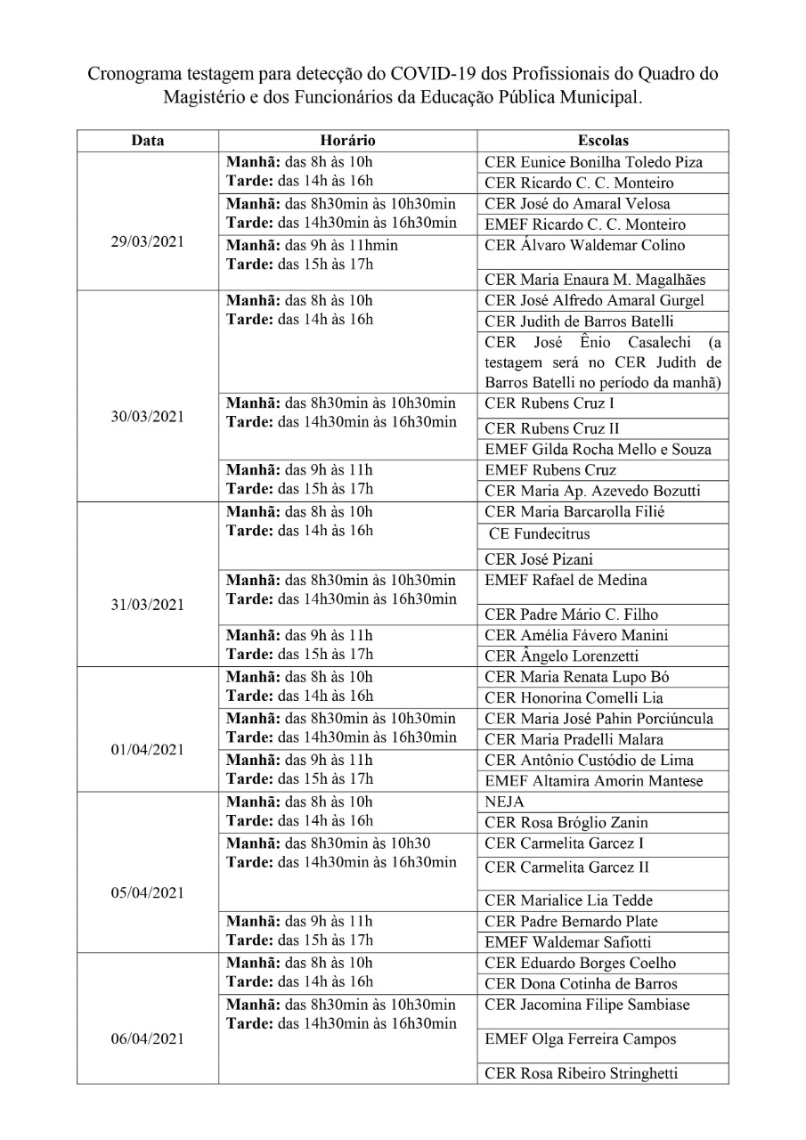 Covid-19: testagem dos profissionais da Educação começa na segunda (29)