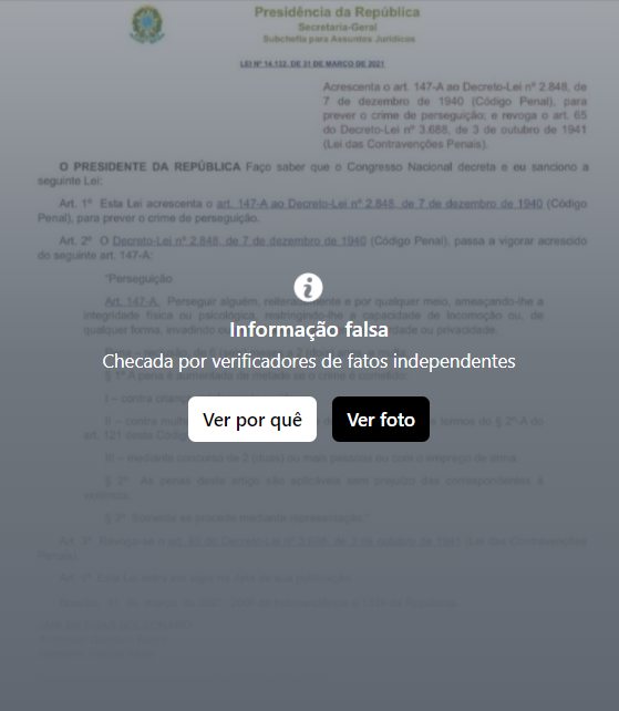 Facebook coloca aviso de fake news em postagem sobre lei aprovada no congresso