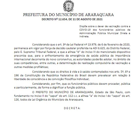 Prefeitura publica decreto que obriga servidor público a tomar vacina contra a Covid-19