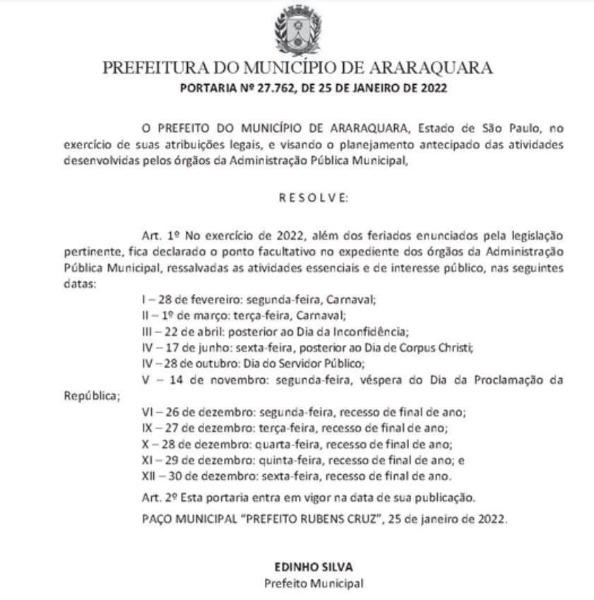 Veja quando serão os pontos facultativos de Araraquara em 2022