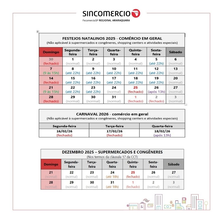 Calendário foi divulgado pelo Sincomercio Araraquara  