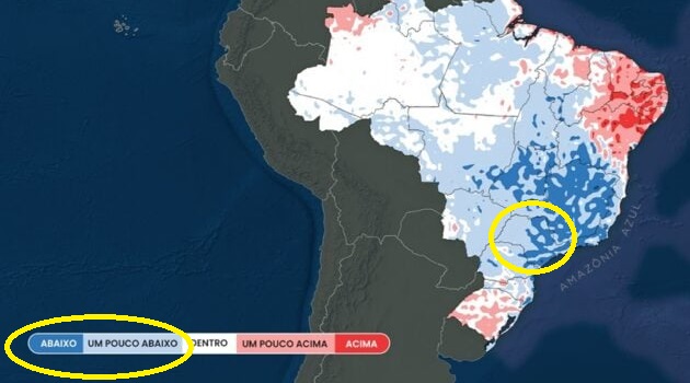 Temperatura média estimada para dezembro: tons de azul indicam temperatura abaixo da média e, tons de vermelho, temperatura acima da média.