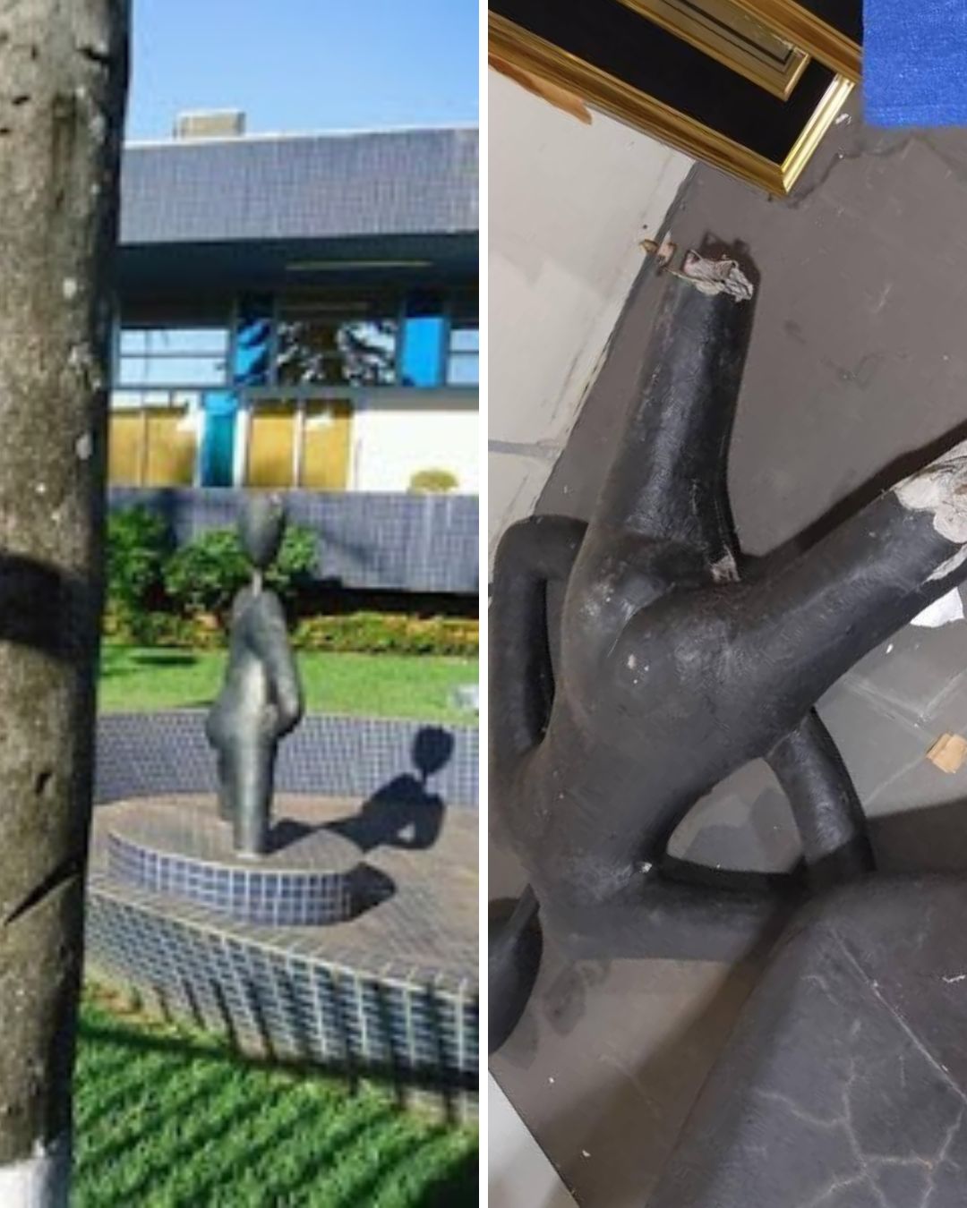 Registro mostra as esculturas antes e depois da retirada do local