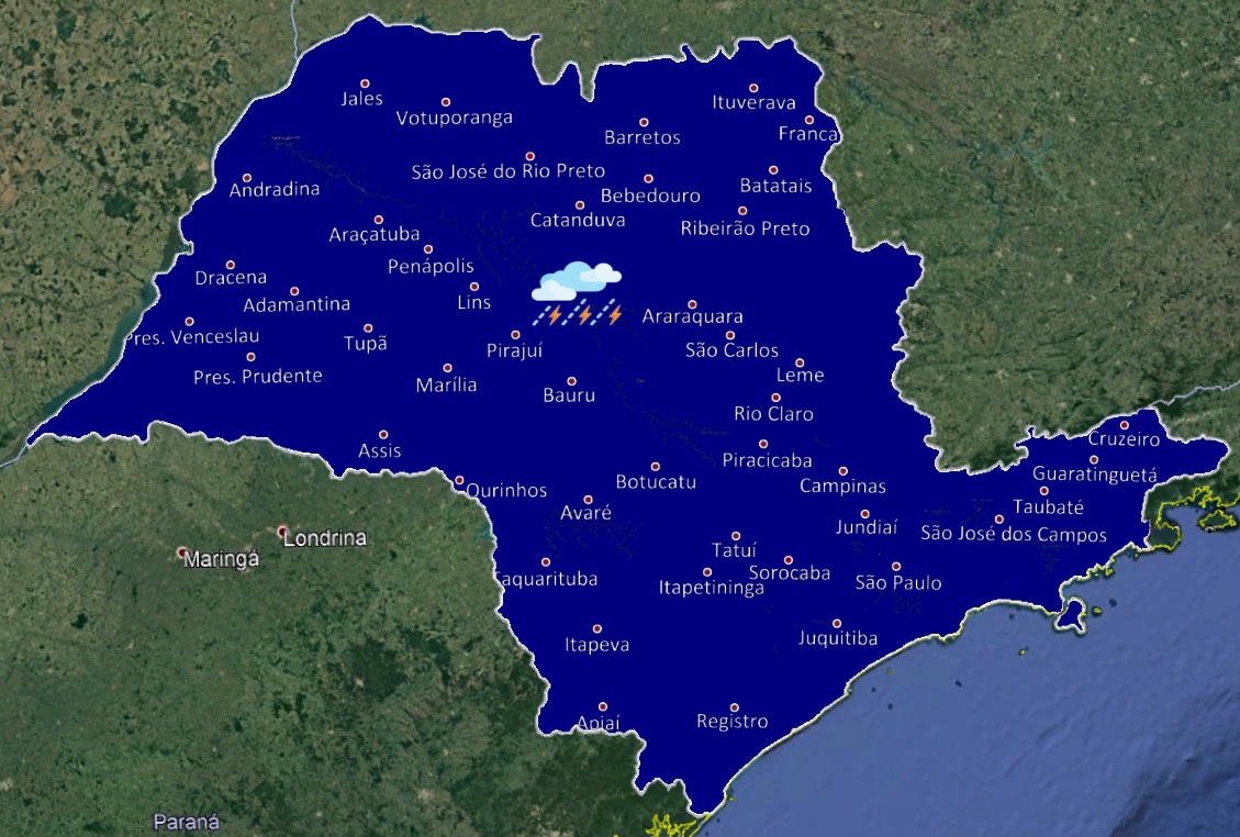 Sexta-feira (24), tempo permanecerá instável, com muita nebulosidade e previsão de pancadas isoladas de chuva, algumas acompanhadas de rajadas de vento e trovoadas. Temperaturas em declínio 
