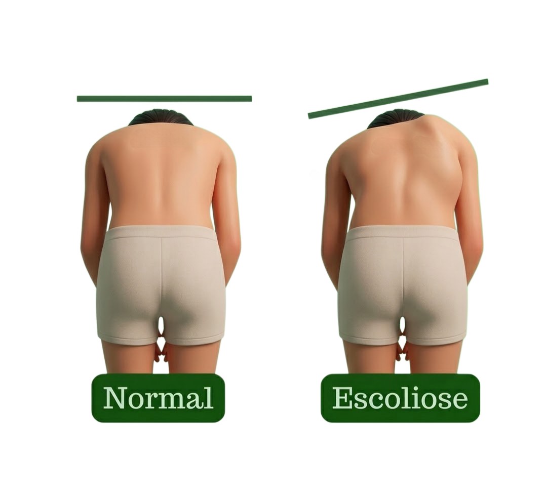 Teste de inclinação para frente: costas simétricas (normal) e com assimetria do tronco (escoliose)