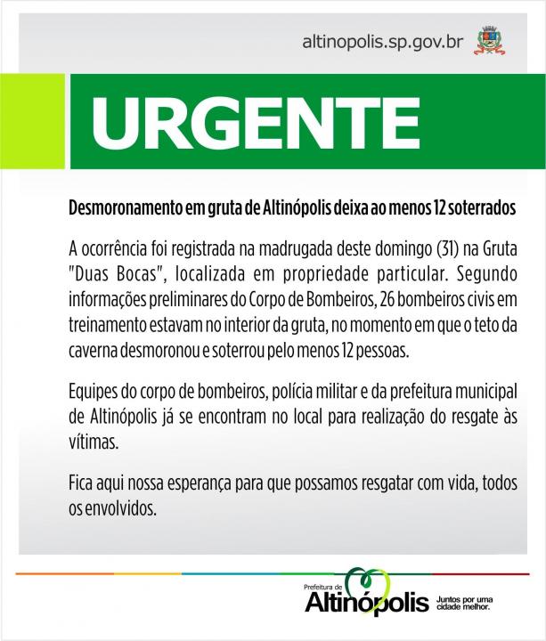Foto 3 de 7 — URGENTE: Gruta desmorona e 12 bombeiros civis são soterrados na região