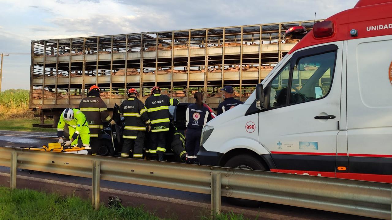Foto 8 de 14 — Mulher fica ferida ao bater carro em caminhão carregado com porcos