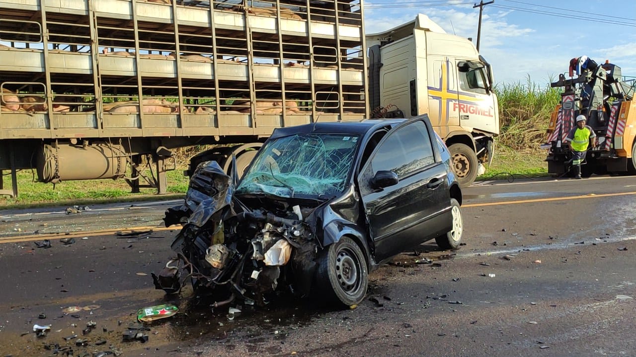 Foto 4 de 14 — Mulher fica ferida ao bater carro em caminhão carregado com porcos