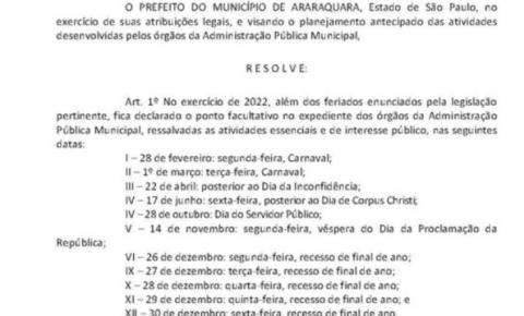 Veja quando serão os pontos facultativos de Araraquara em 2022
